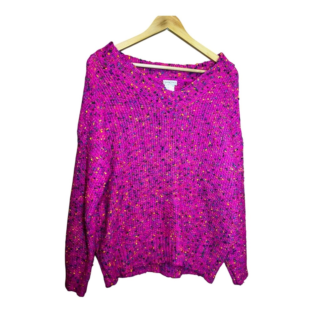Main Strip Fuchsia Pink‎ Confetti Speckled Chunky Knit V-Neck Sweater LT32067